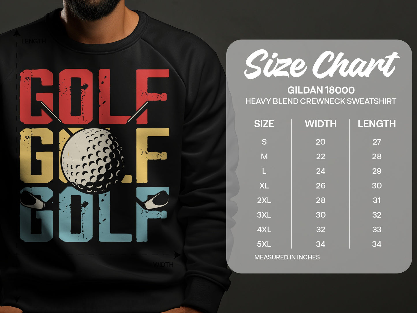Gildan 18000 sweatshirt size chart with GOLF graphic.