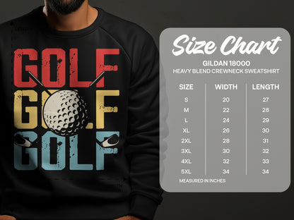 Gildan 18000 sweatshirt size chart with GOLF graphic.