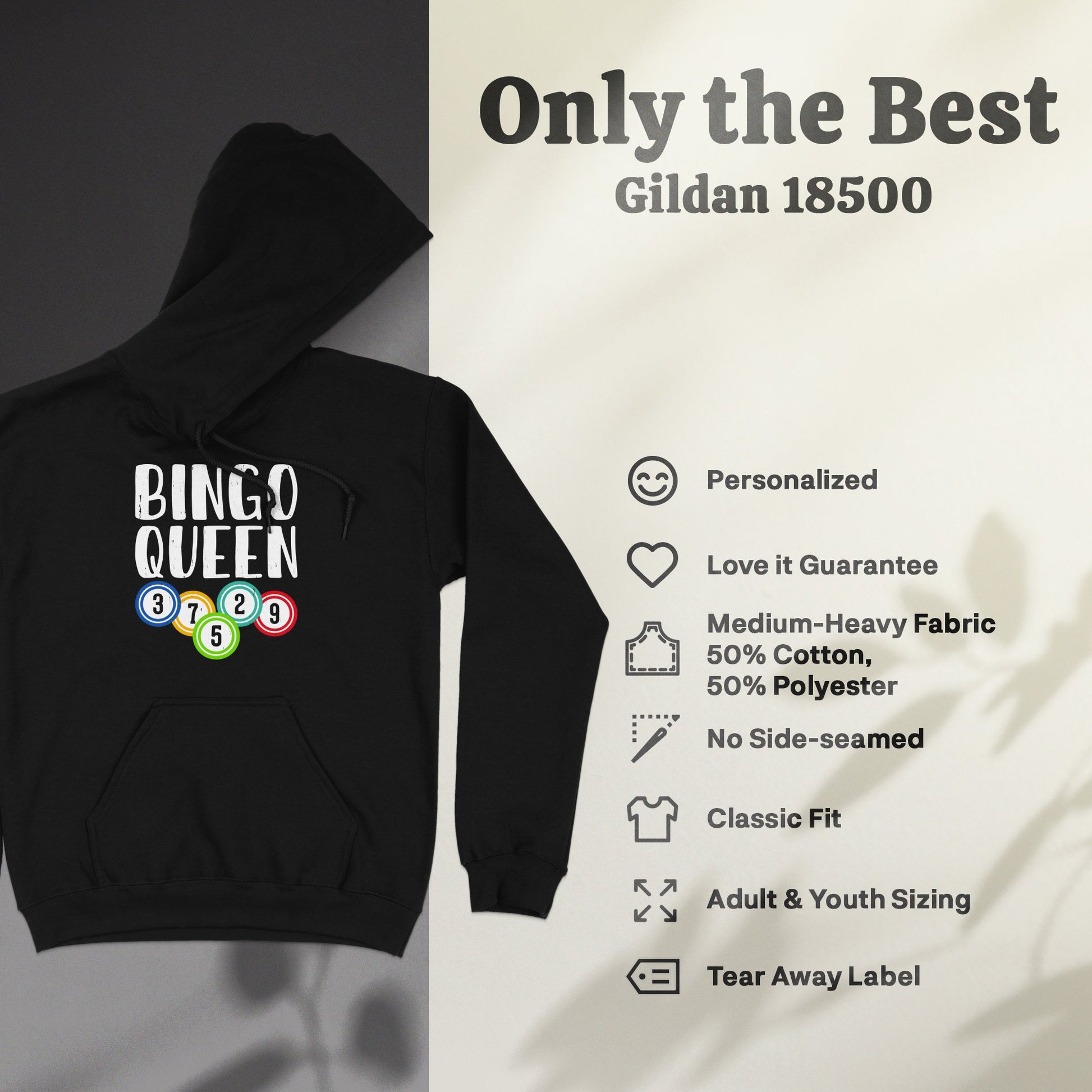 Black Gildan 18500 hoodie with "BINGO QUEEN" text and bingo balls.