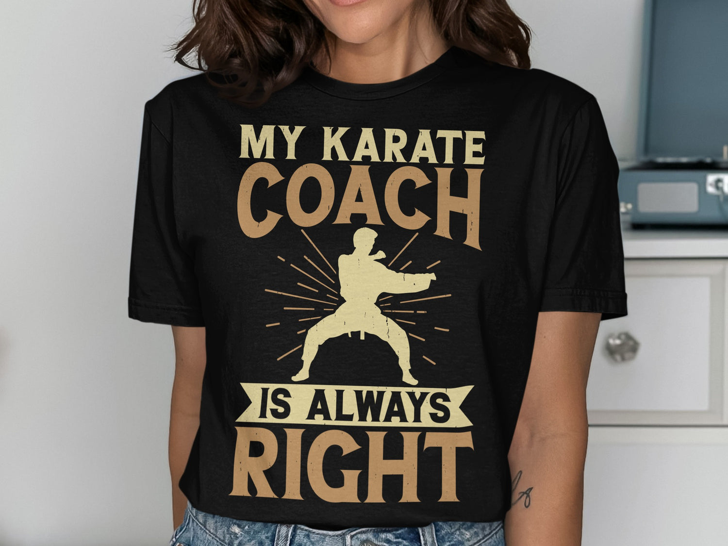 Black t-shirt with text "MY KARATE COACH IS ALWAYS RIGHT" and a silhouette.