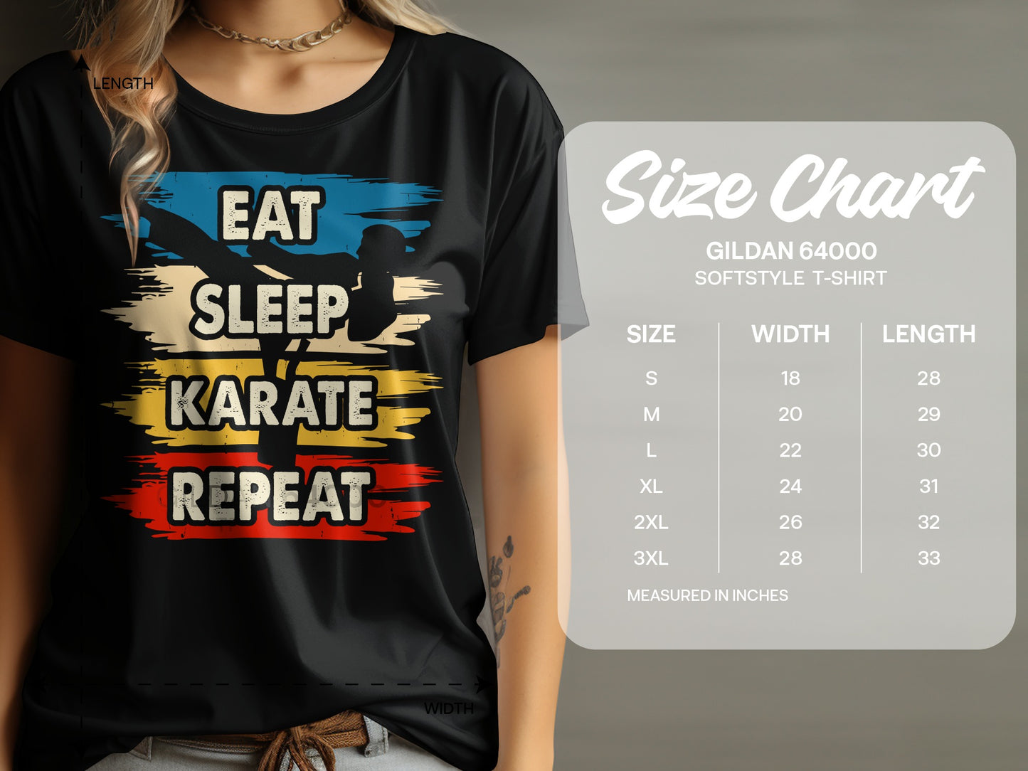 Black t-shirt with "Eat Sleep Karate Repeat" graphic and size chart.