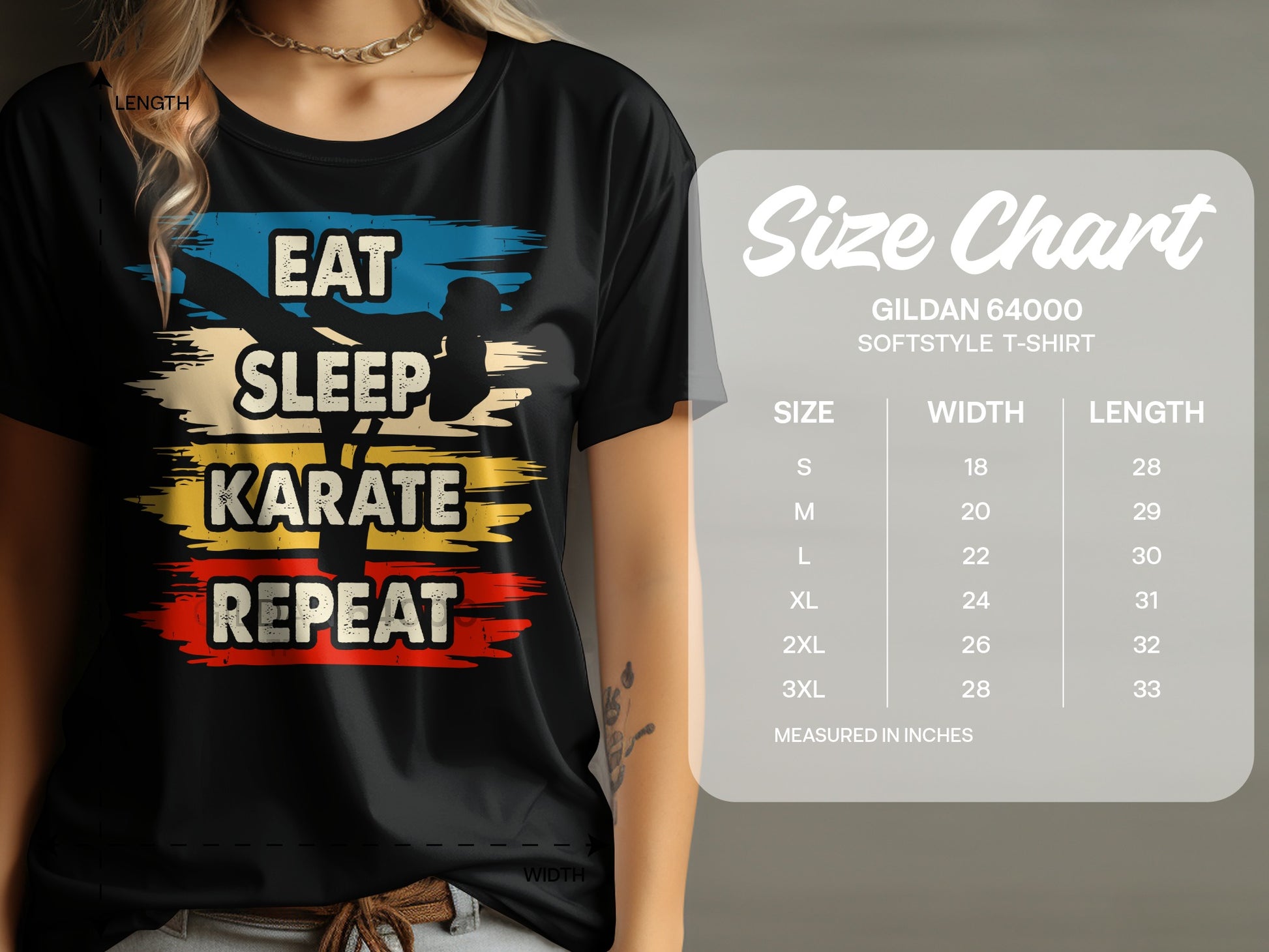 Black t-shirt with "Eat Sleep Karate Repeat" graphic and size chart.