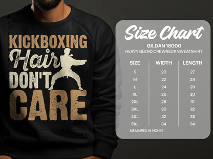 Gildan 18000 sweatshirt size chart with kickboxing graphic.