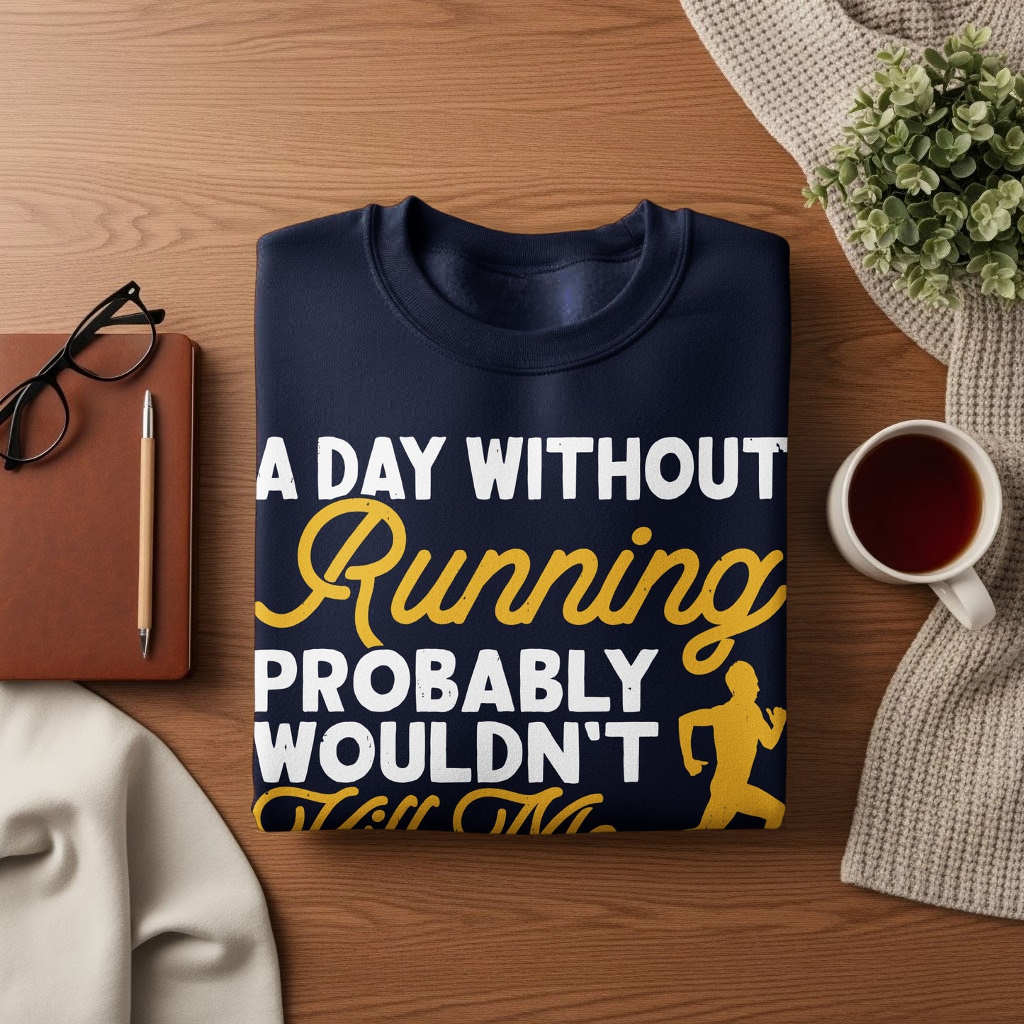 Navy sweatshirt with "A Day Without Running Probably Wouldn't Kill Me" text and runner graphic.