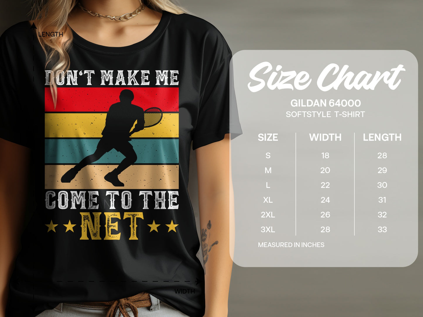 T-shirt with "Don't Make Me Come To The Net" and tennis player graphic.