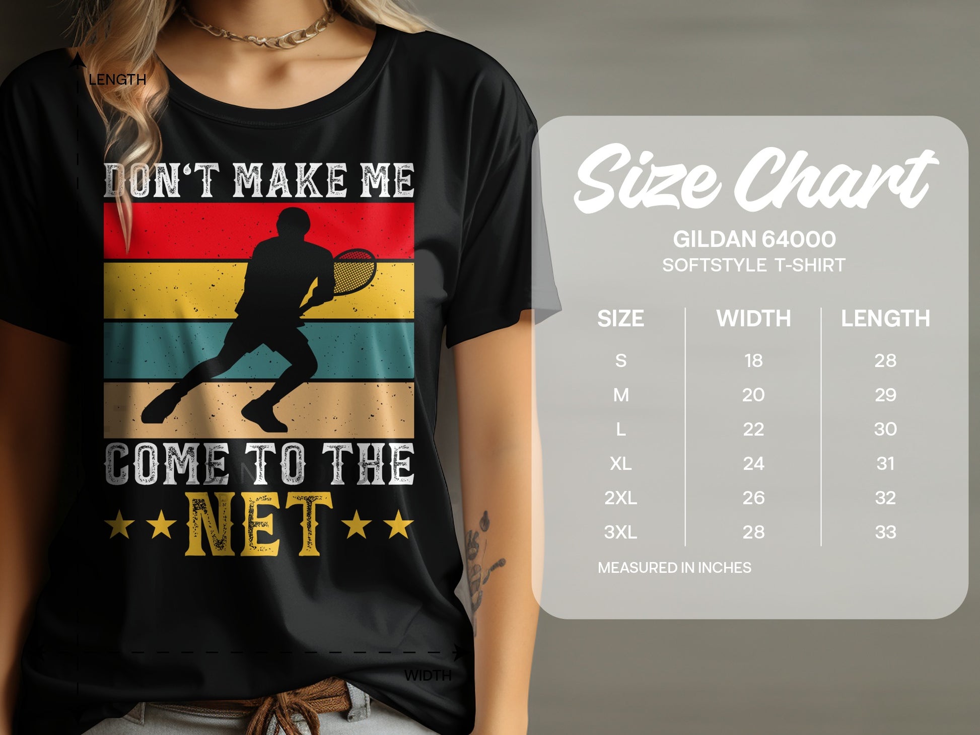 T-shirt with "Don't Make Me Come To The Net" and tennis player graphic.