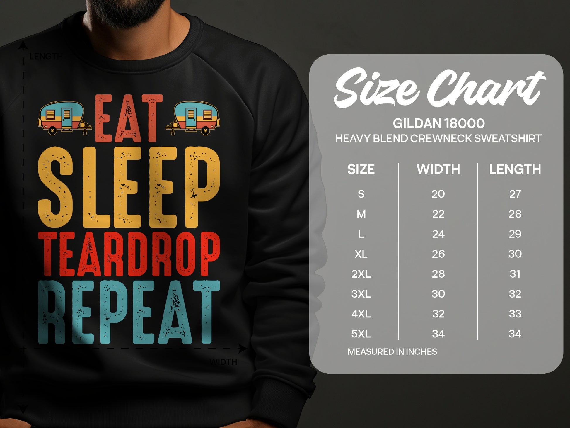 Sweatshirt with "Eat Sleep Teardrop Repeat" graphic and size chart.