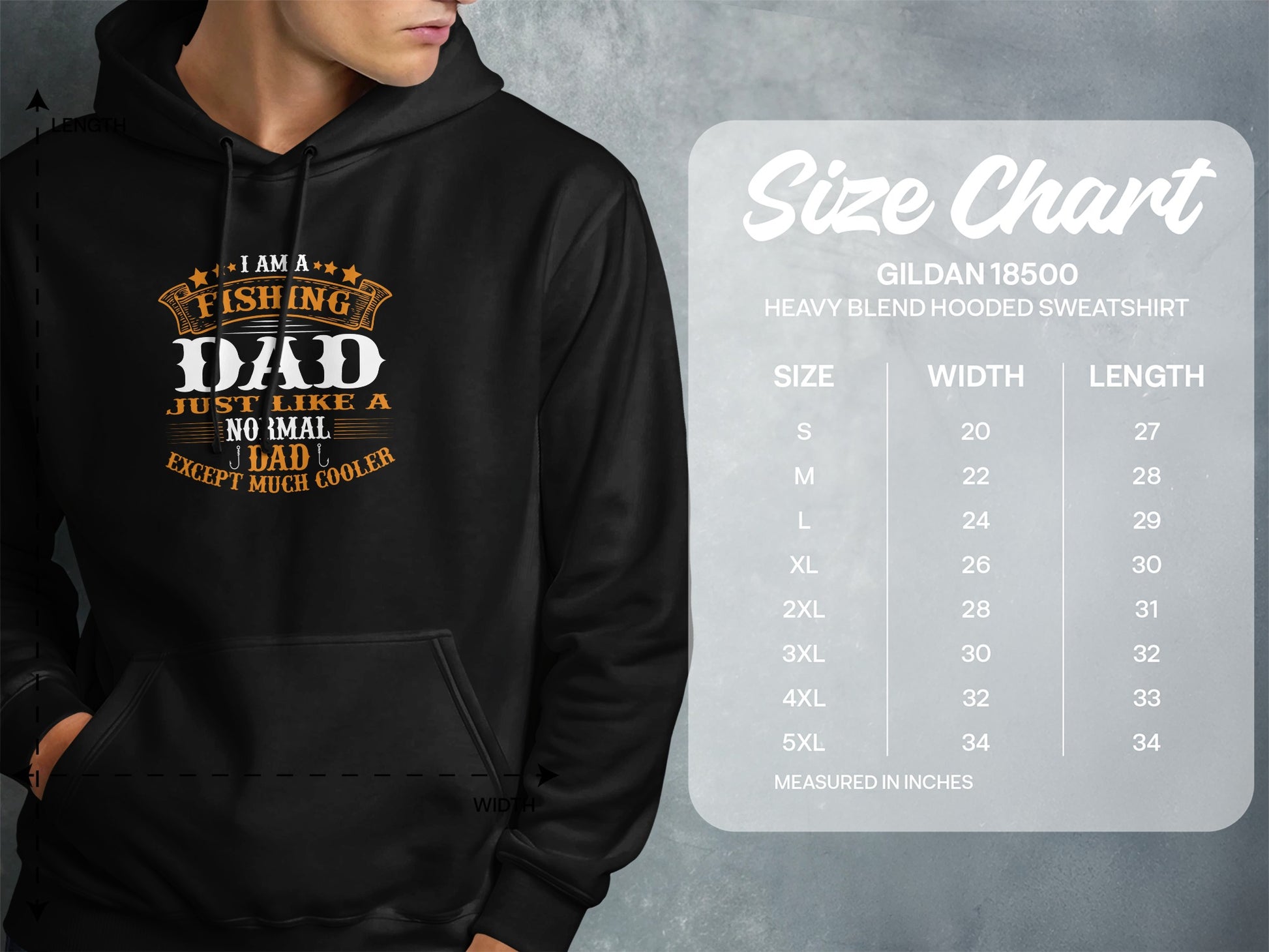 Fishing Dad hooded sweatshirt with size chart.