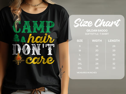 T-shirt with "Camp hair don't care" text and size chart.