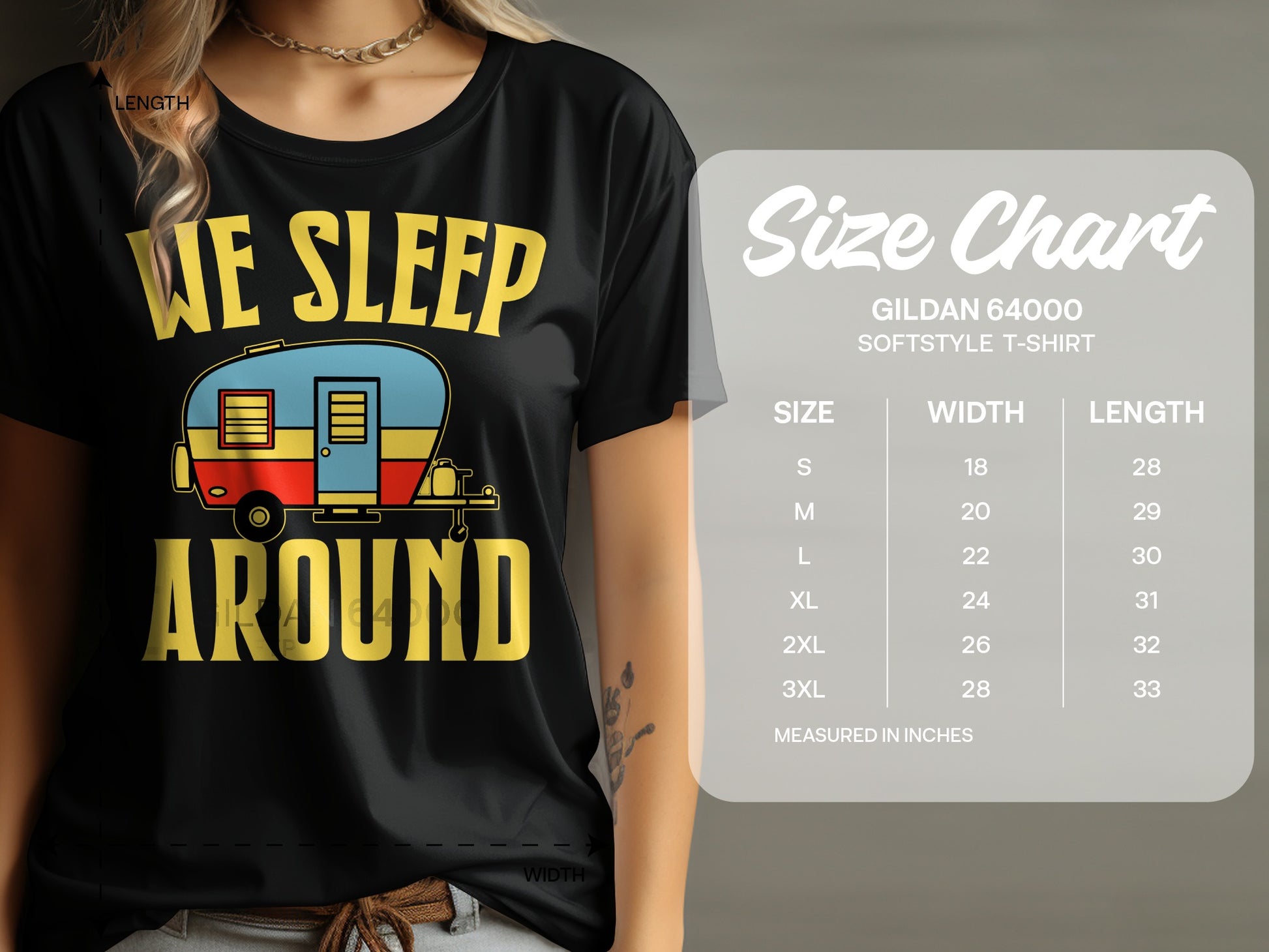 Black t-shirt with "We Sleep Around" and a camper illustration, next to a size chart.