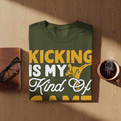 Green t-shirt with "Kicking is my kind of" and martial arts graphic.