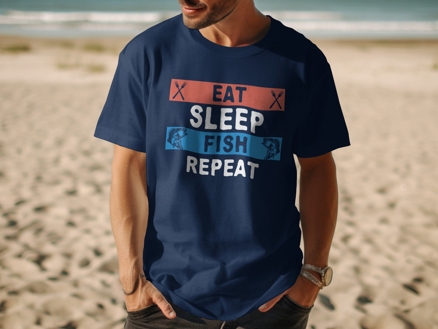 Navy t-shirt with "Eat Sleep Fish Repeat" text and fish graphic.
