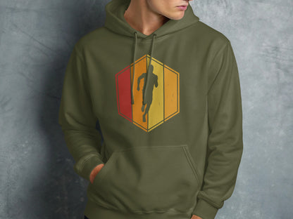 Olive green hoodie with a geometric running figure graphic.