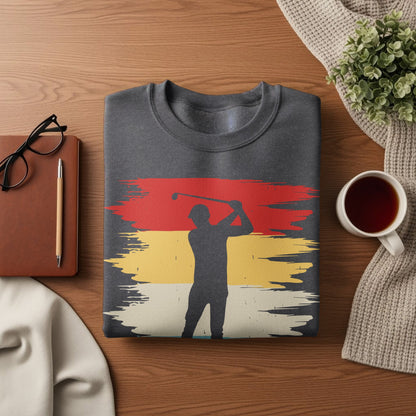 Dark grey sweatshirt with a golfer silhouette on a multi-colored background.