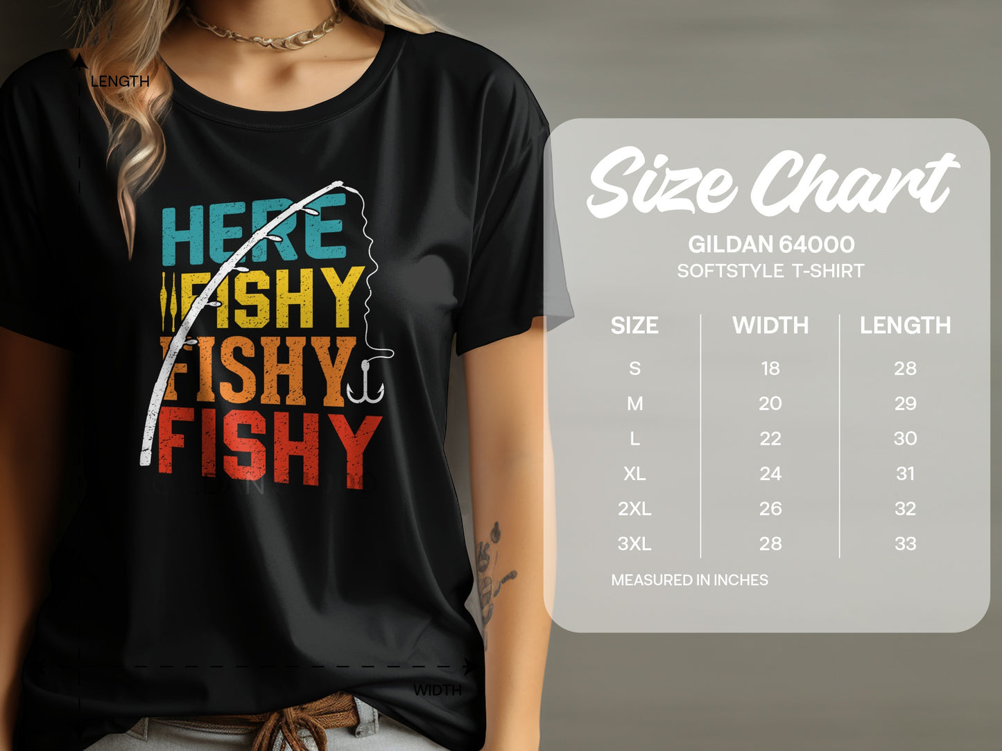 T-shirt with "HERE FISHY FISHY FISHY" text and a fishing rod graphic.