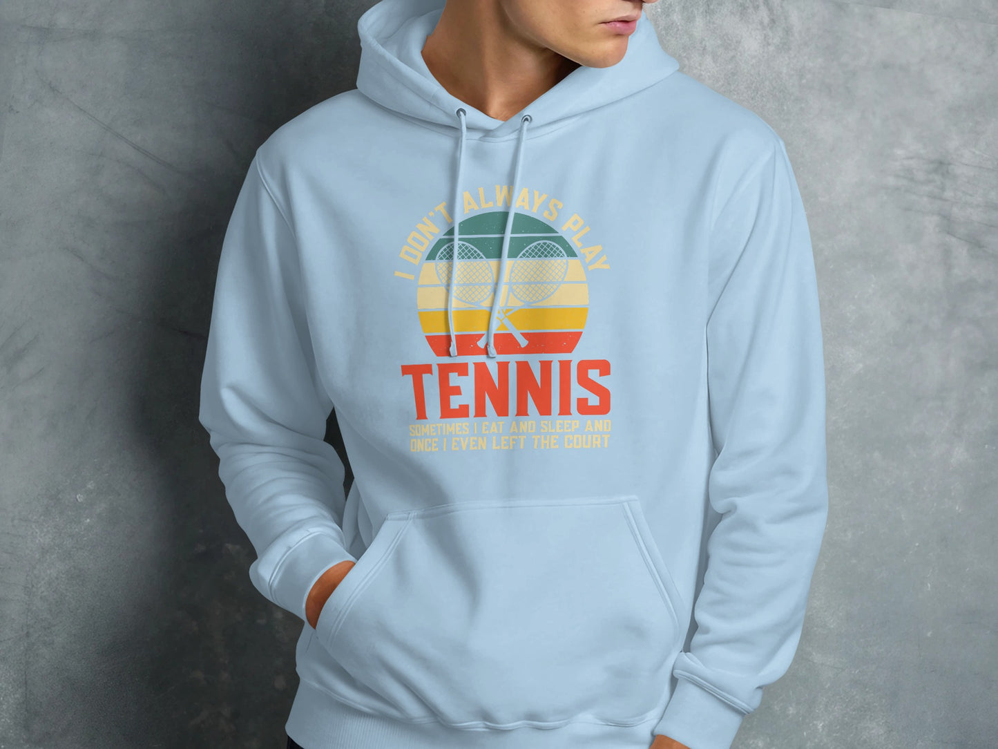Light blue hoodie with "Tennis" text and a tennis racket graphic.