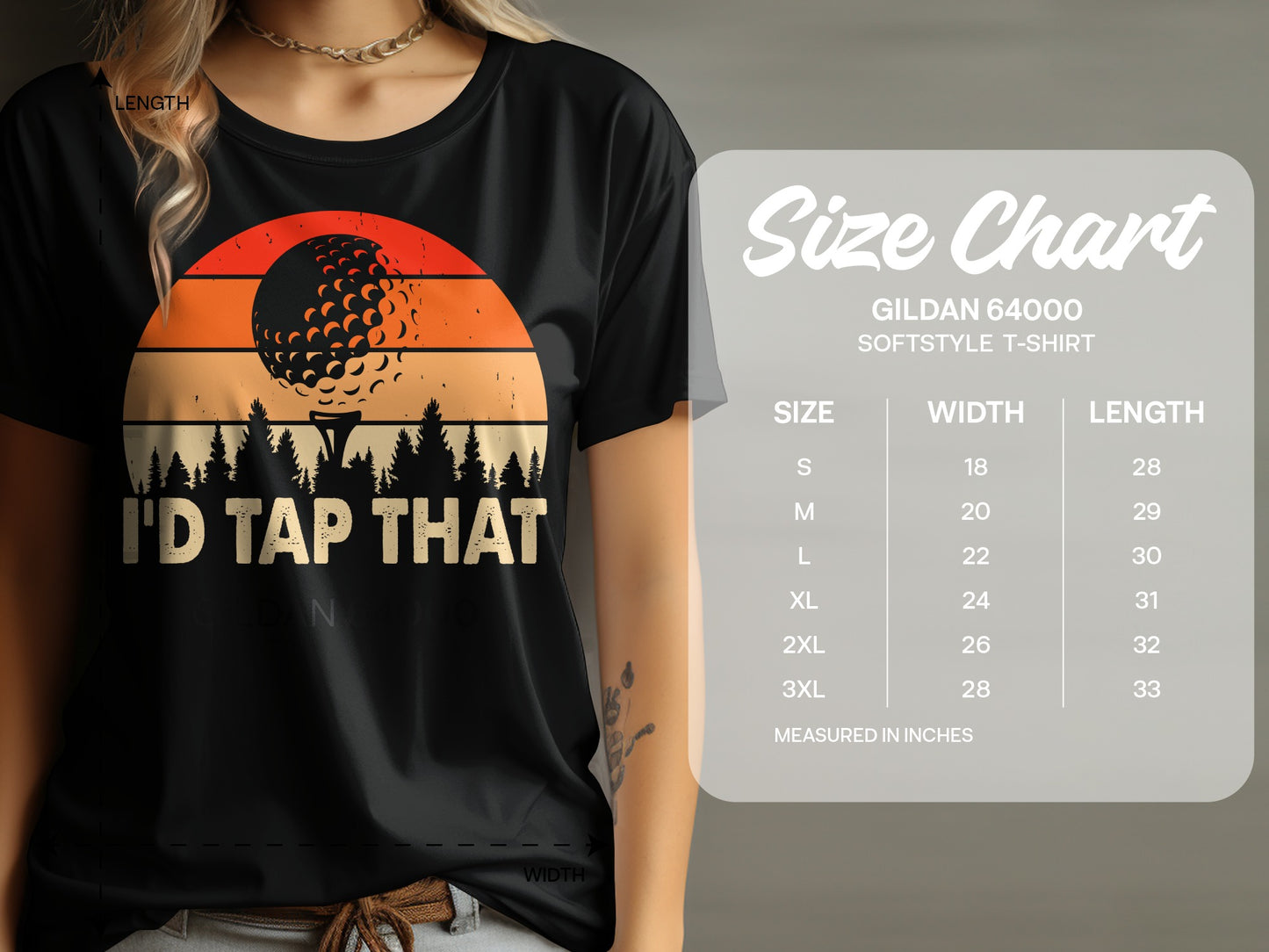 Black t-shirt with "I'D TAP THAT" and golf ball graphic, with size chart.
