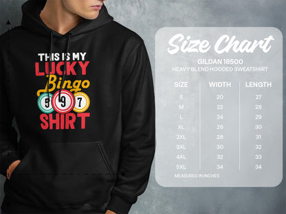 Hoodie with "THIS IS MY LUCKY BINGO SHIRT" and size chart.