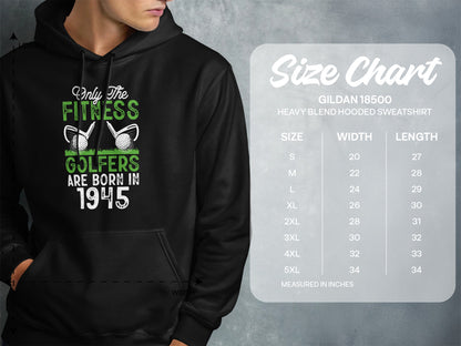 Hooded sweatshirt with "Golfers are born in 1945" graphic and size chart.