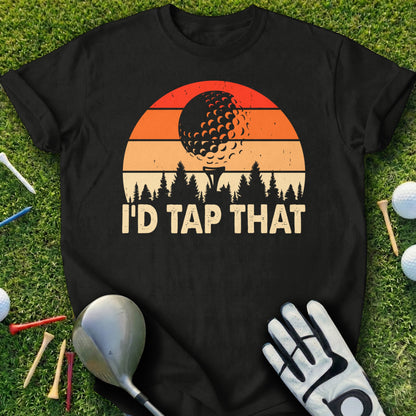 Black t-shirt with sunset and golf ball graphic, "I'D TAP THAT" text.