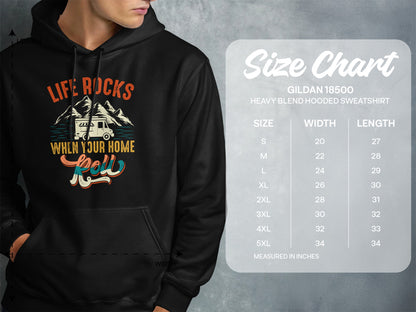 Gildan 18500 hooded sweatshirt size chart with "Life Rocks When Your Home Roll" graphic.