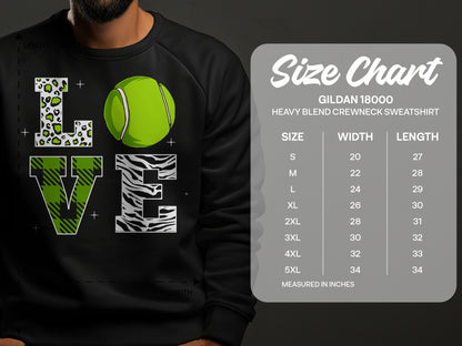 Gildan 18000 sweatshirt size chart with "LOVE" graphic and tennis ball.