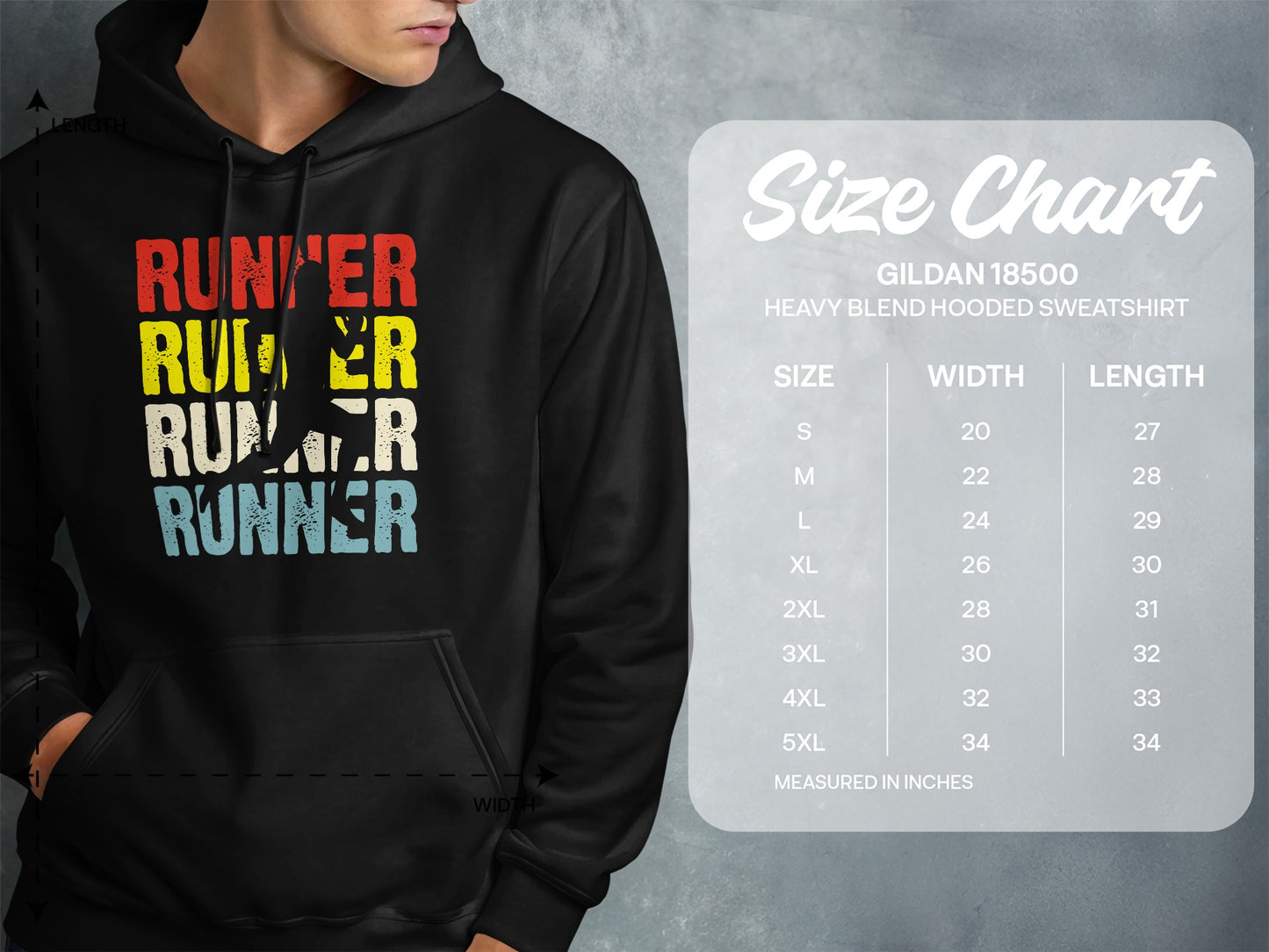 Hooded sweatshirt with "Runner Runner Runner Runner" graphic and size chart.