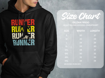 Hooded sweatshirt with "Runner Runner Runner Runner" graphic and size chart.