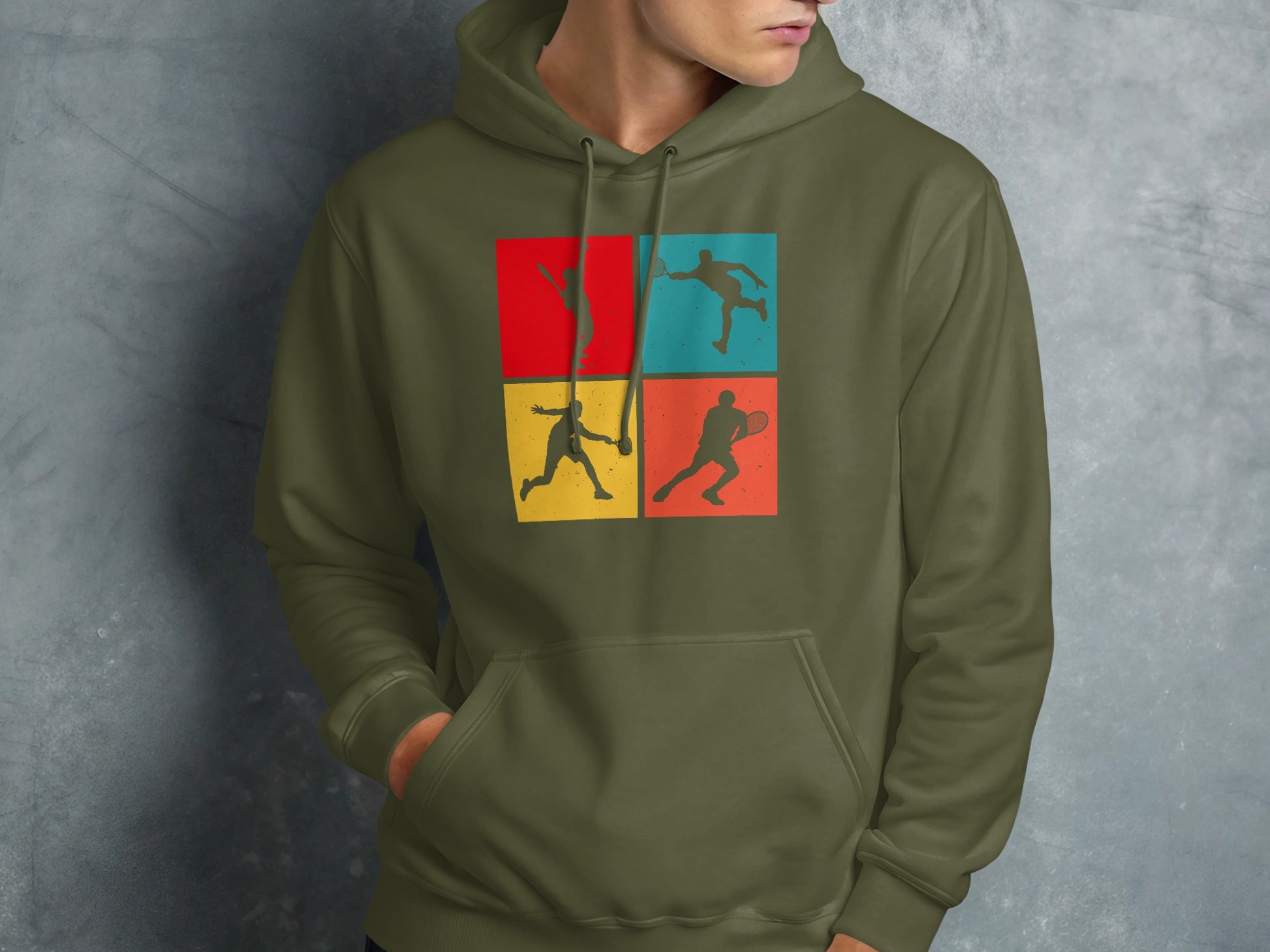 Four-panel graphic of tennis players in silhouette on olive green hoodie.