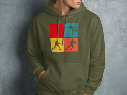 Four-panel graphic of tennis players in silhouette on olive green hoodie.