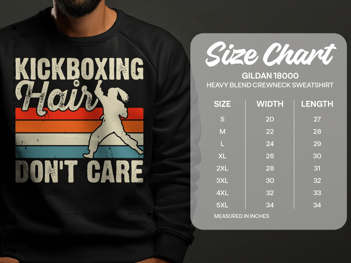 Crewneck sweatshirt with "Kickboxing Hair Don't Care" graphic and size chart.
