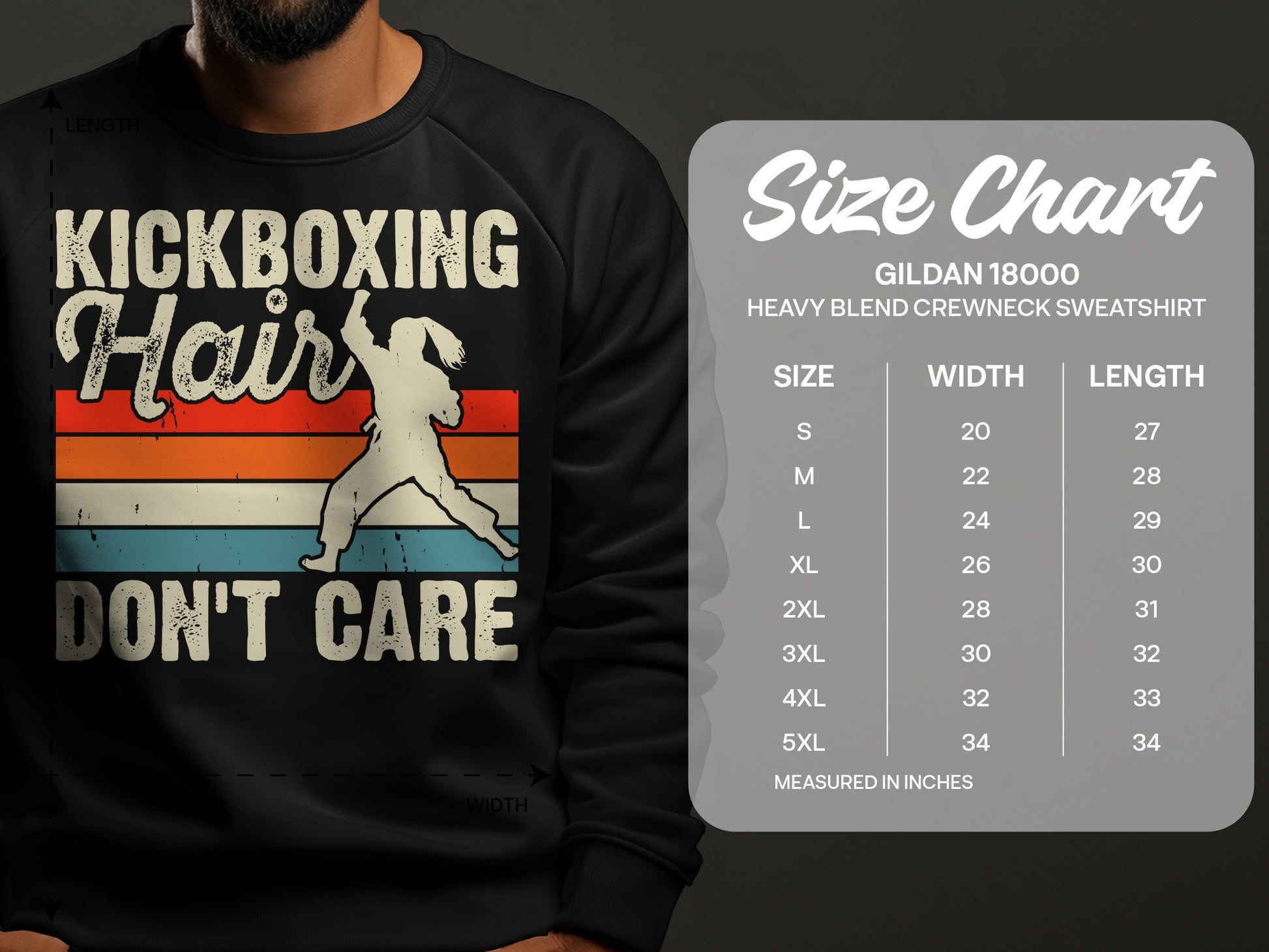 Crewneck sweatshirt with "Kickboxing Hair Don't Care" graphic and size chart.