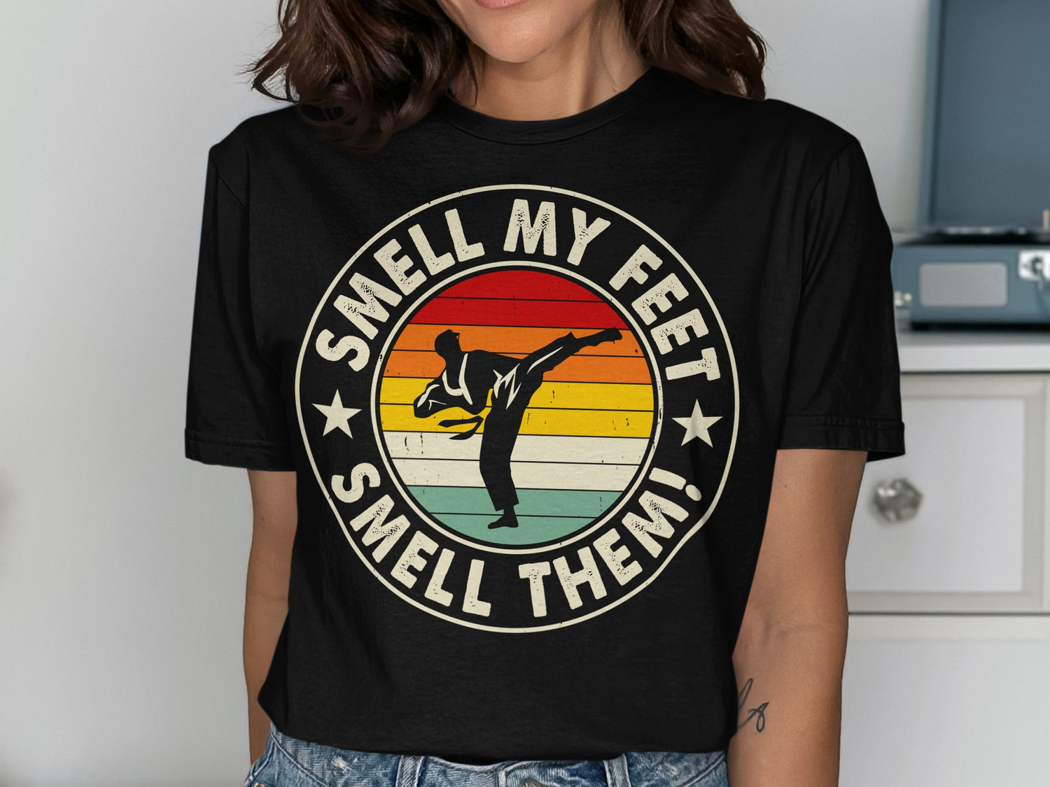 Karate silhouette with "Smell My Feet, Smell Them!" text in a circle.
