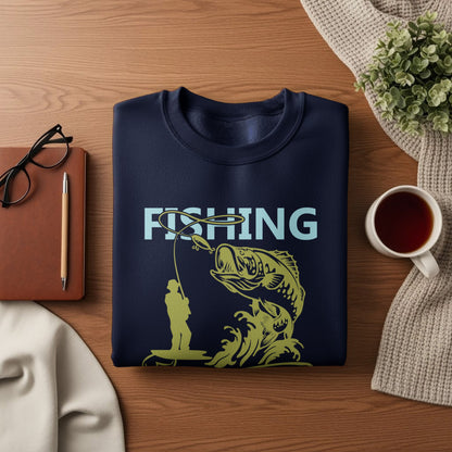 Navy sweatshirt with "FISHING" and a fisherman reeling in a large fish.