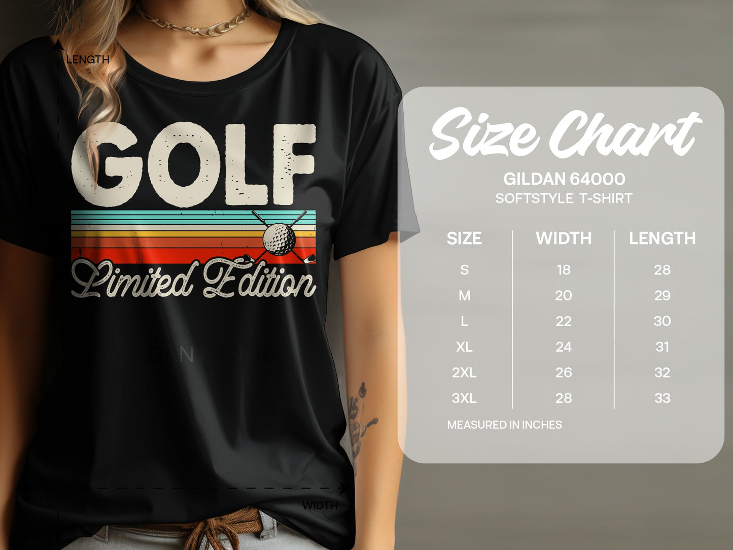 Black t-shirt with "GOLF Limited Edition" text and a size chart.
