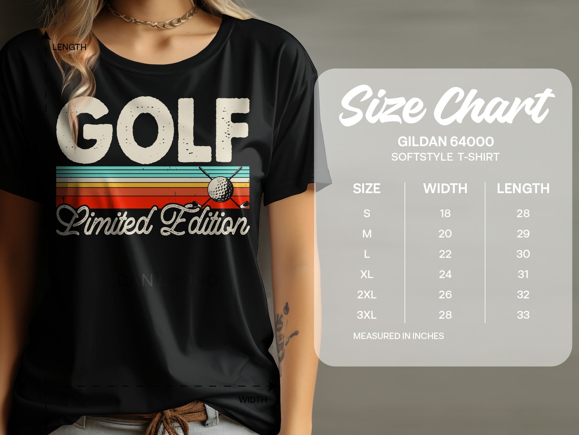 Black t-shirt with "GOLF Limited Edition" text and a size chart.