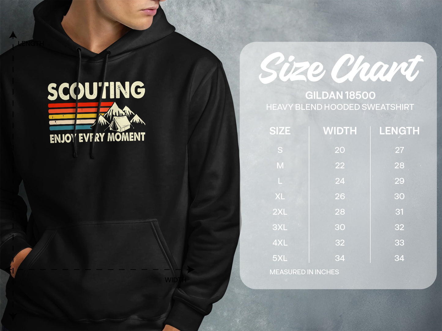 Hoodie with "Scouting Enjoy Every Moment" graphic and size chart.