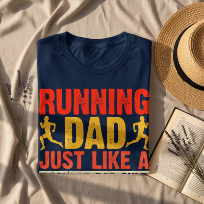 Navy t-shirt with "Running Dad Just Like A" text and runner graphics.