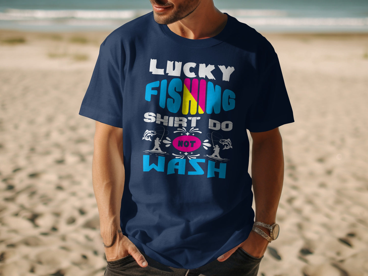 Navy t-shirt with "Lucky Fishing Shirt Do Not Wash" graphic.