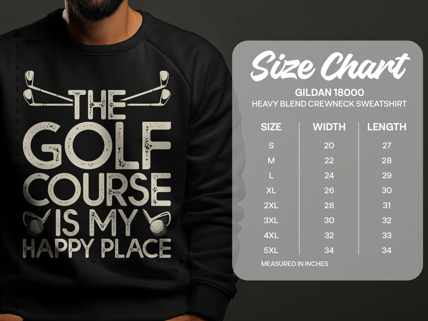 Gildan 18000 sweatshirt size chart with measurements in inches.