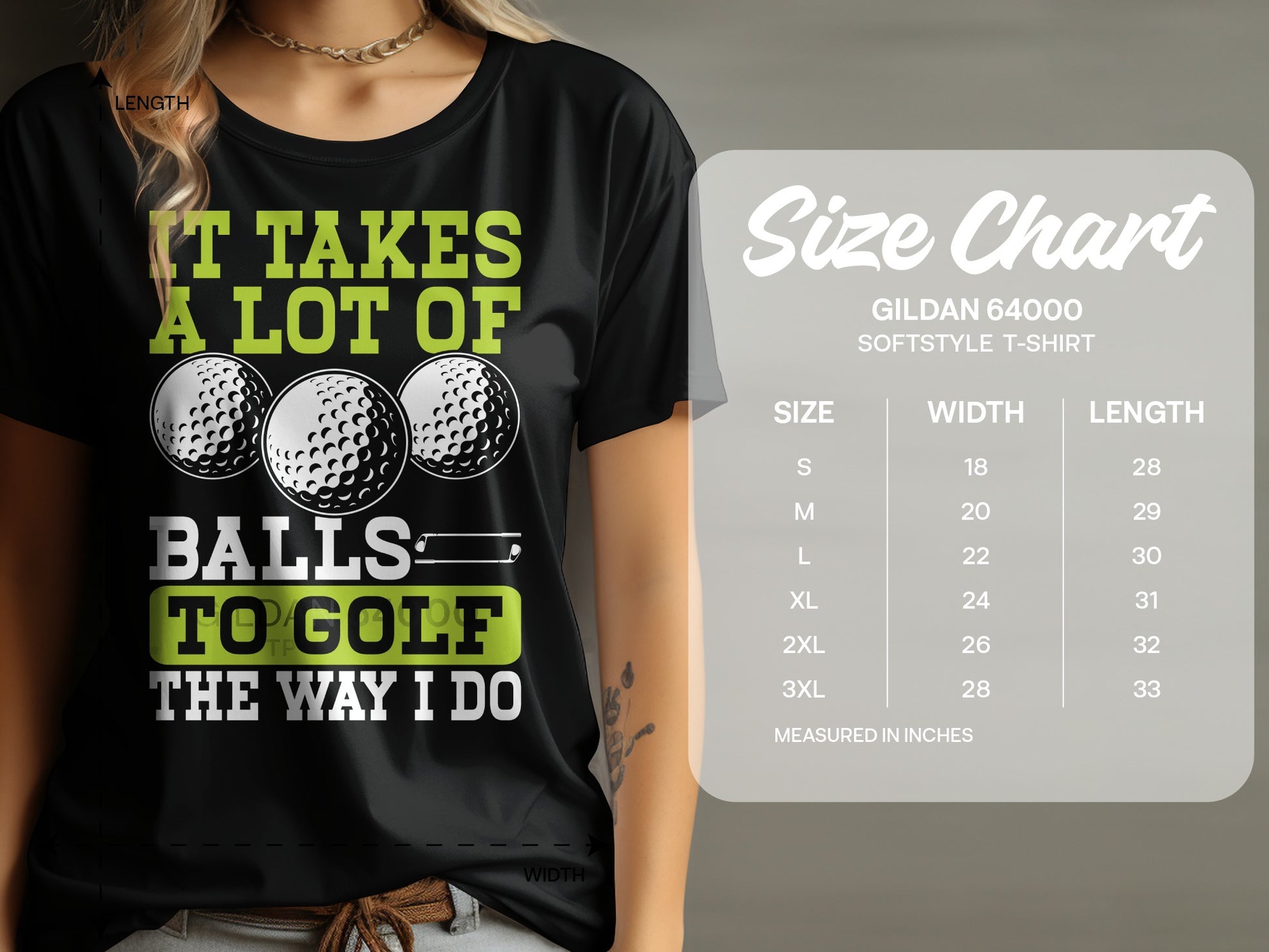 Black t-shirt with "It Takes A Lot Of Balls To Golf The Way I Do" text and golf balls.