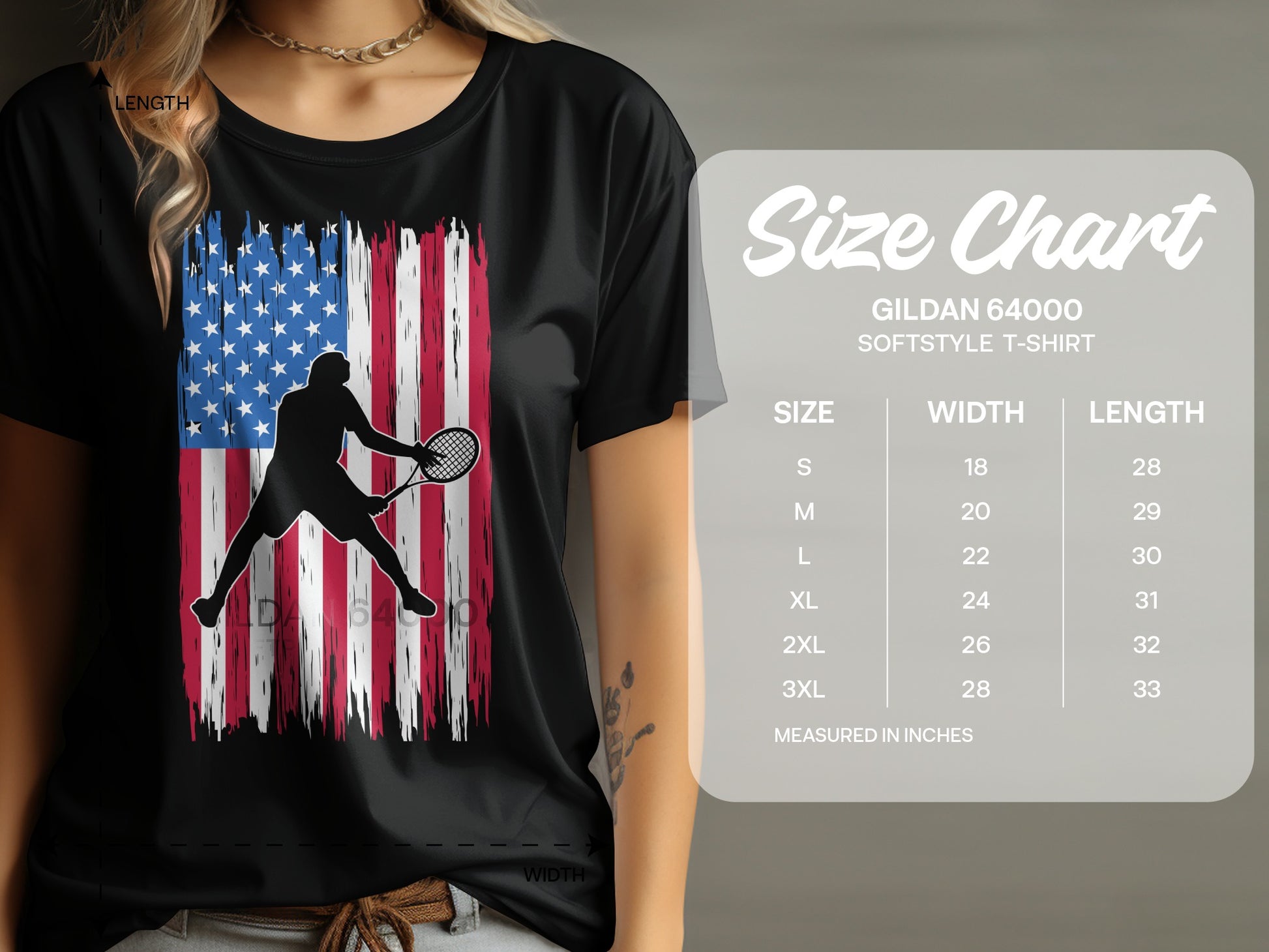 T-shirt with distressed American flag and tennis player silhouette. Size chart included.