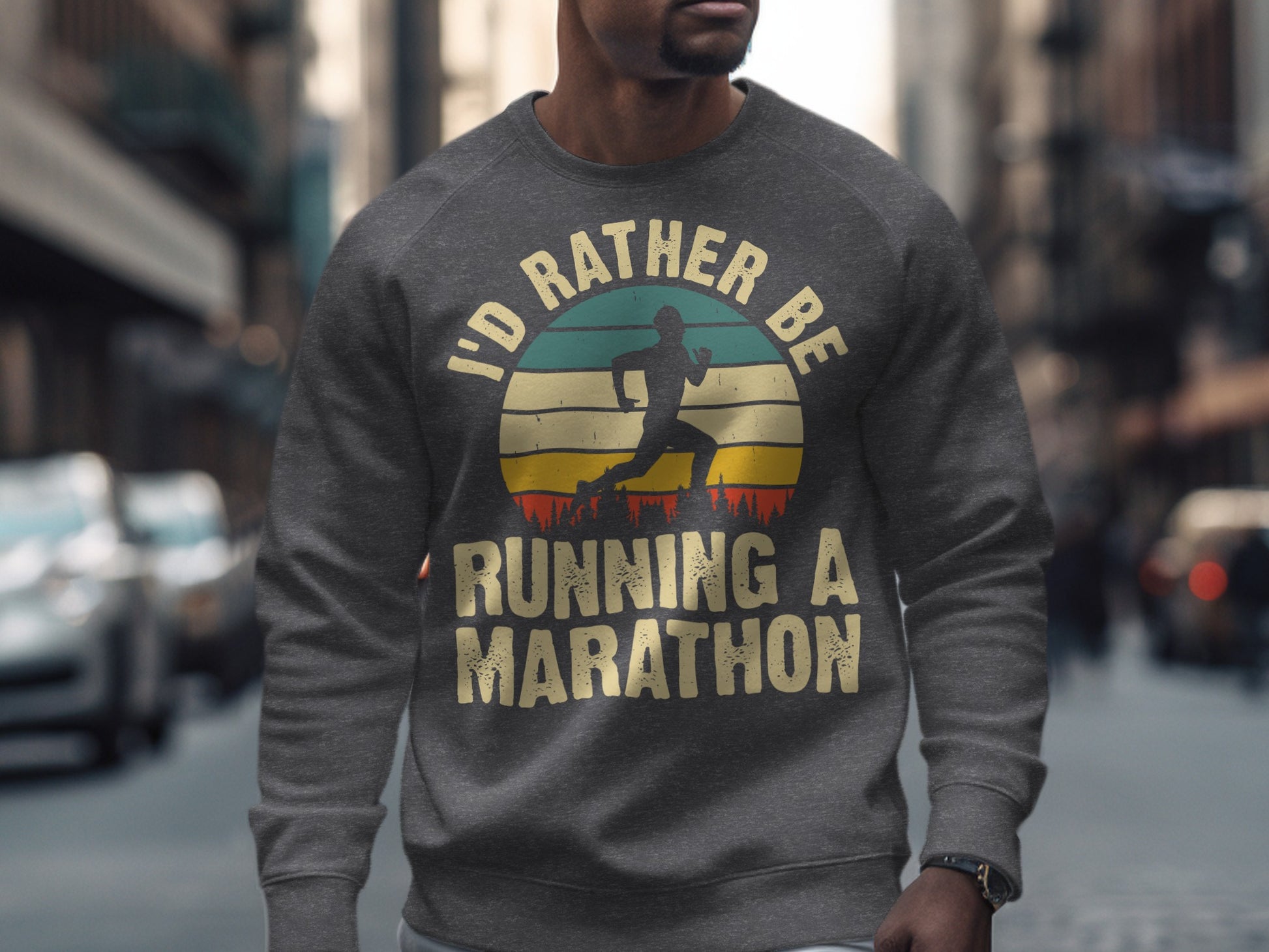 Gray sweatshirt with "I'd Rather Be Running A Marathon" text and runner graphic.