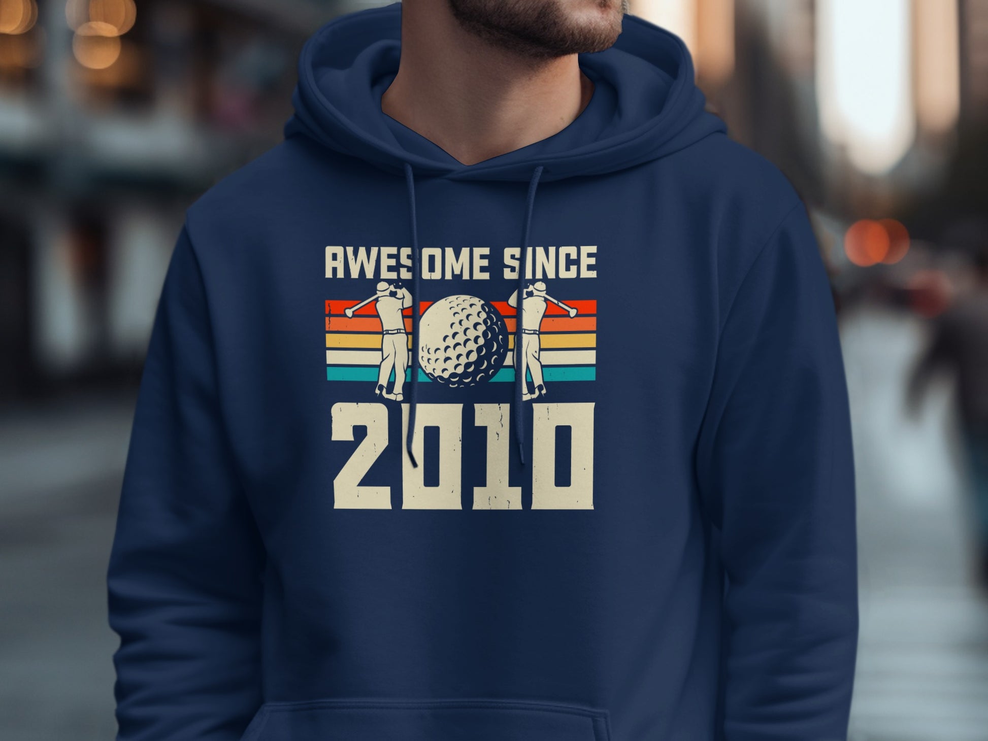 Navy hoodie with "Awesome Since 2010" and golfing graphic.