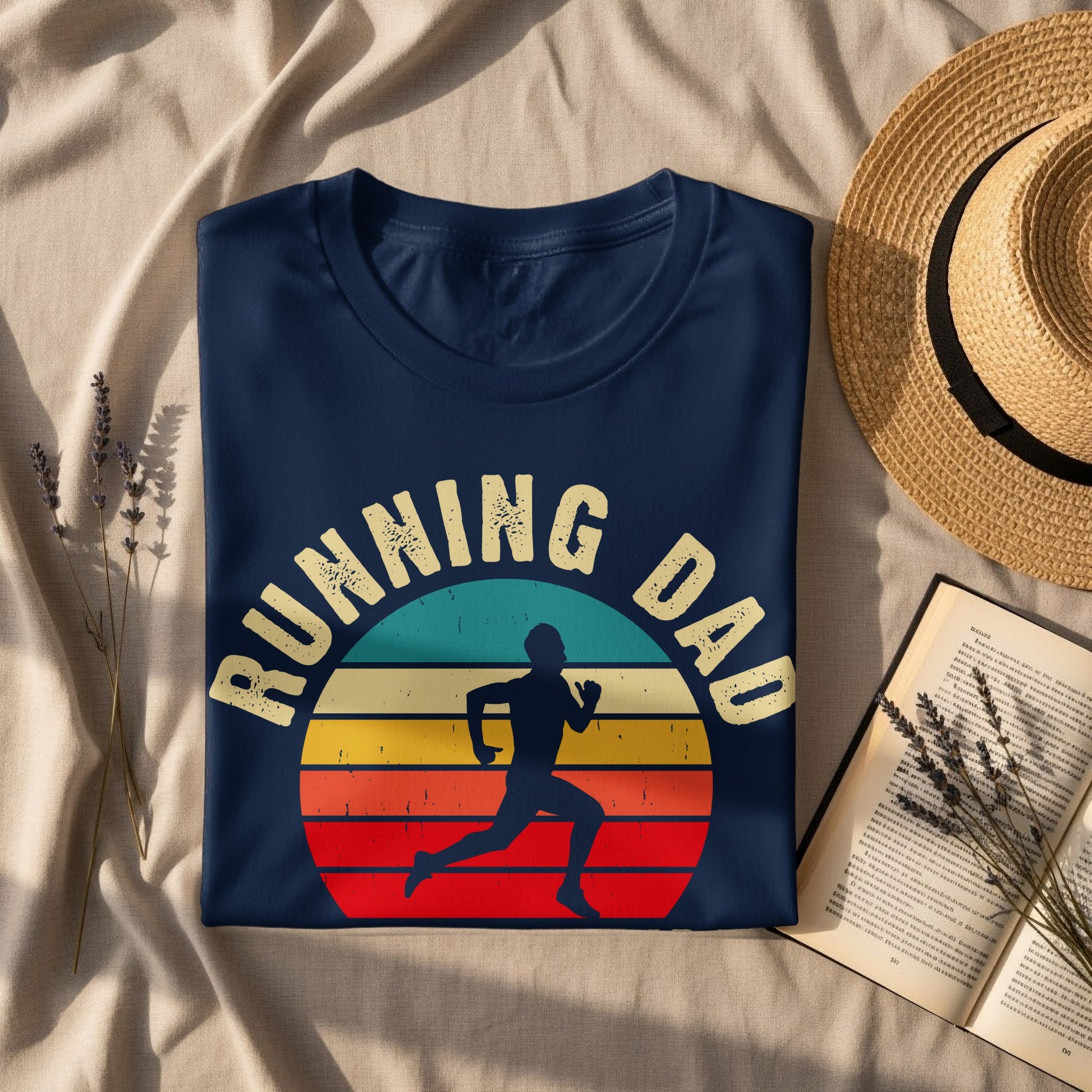 Navy blue t-shirt with "Running Dad" text and a silhouetted runner.