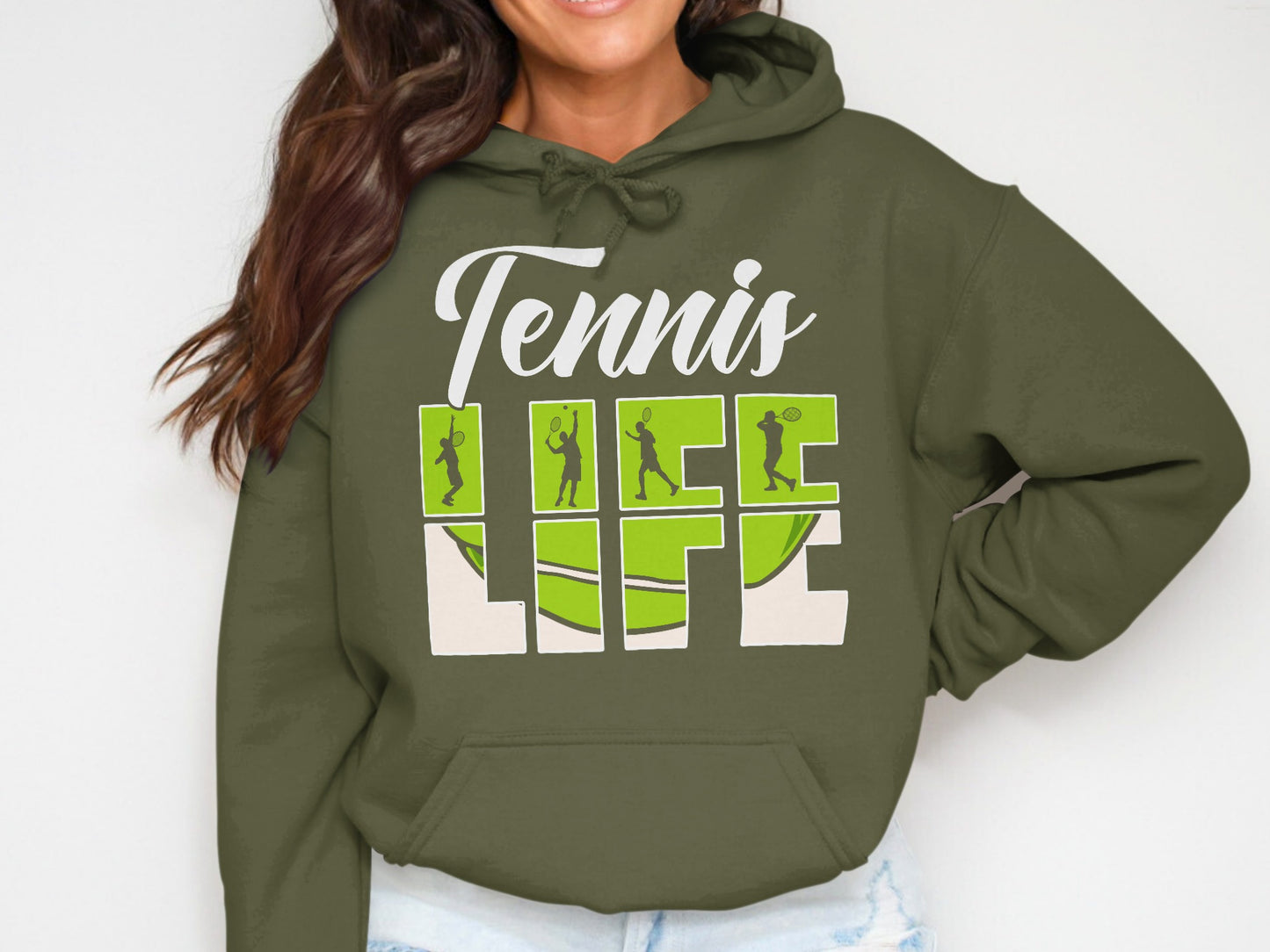 Green hoodie with "Tennis Life" text and tennis player silhouettes.