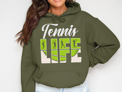 Green hoodie with "Tennis Life" text and tennis player silhouettes.