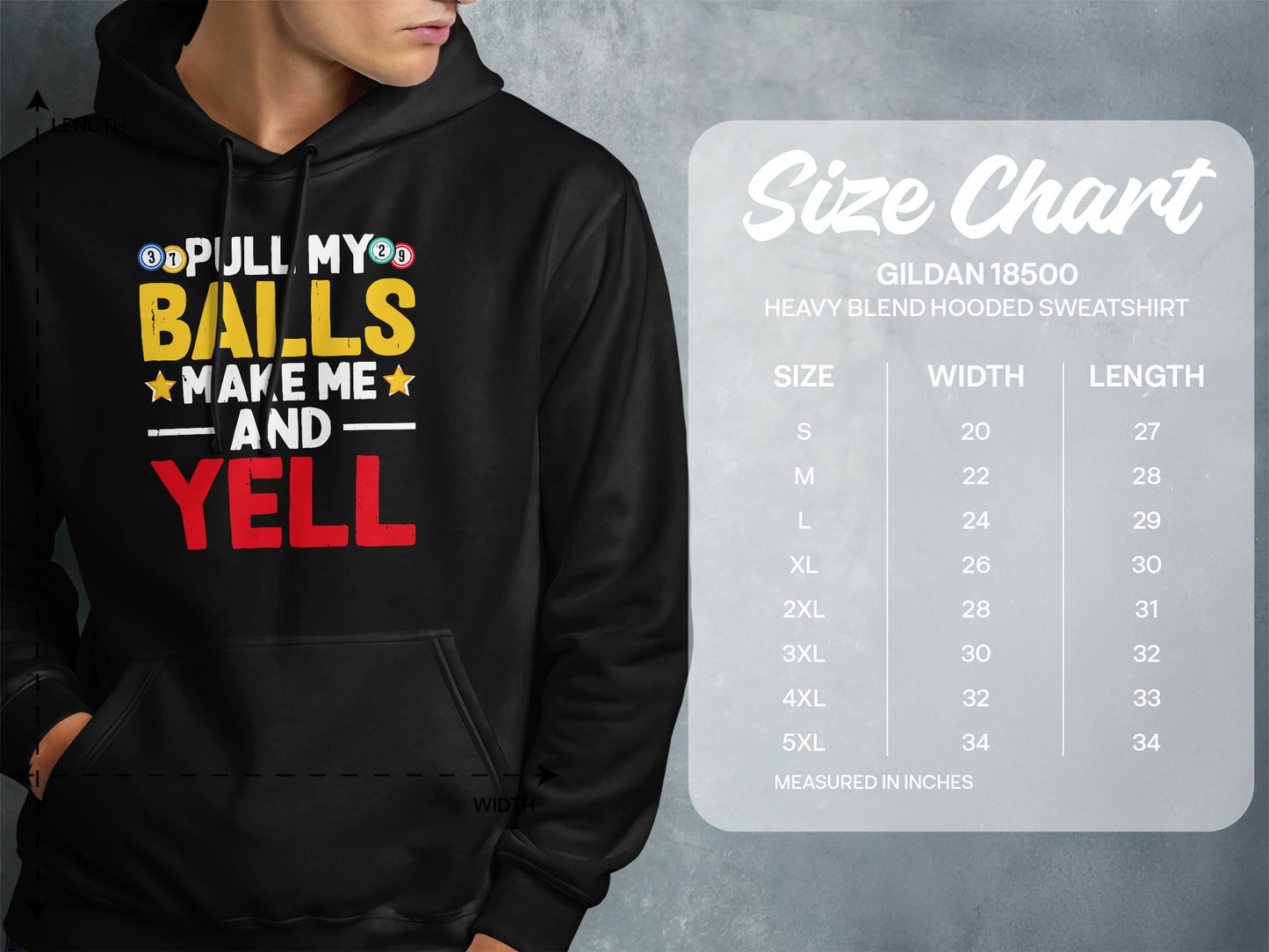 Black hoodie with "ODPIJLL MYOD BALLS MAKE ME AND YELL" text and a size chart.