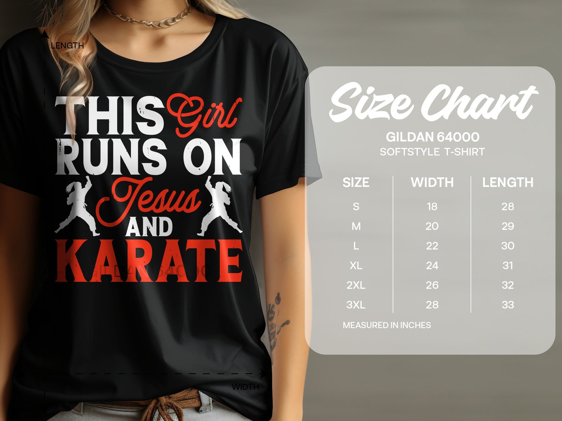 Black t-shirt with "This Girl Runs On Jesus And Karate" graphic and size chart.