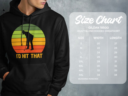 Hoodie with "I'd Hit That" and golfer graphic, next to size chart.